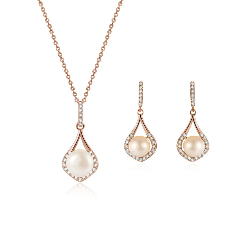 Set de aretes y collar de perla de agua dulce plata rosa